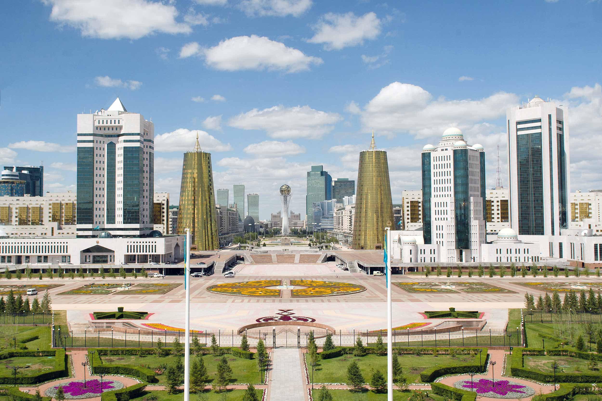 A view of central Kazakstan's capital Nur-Sultan, with the 105-metre tall Baiterek tower on the horizon. Previously known as Astana, meaning "capital city" in Kazakh, the city of 1 million was renamed on 20 March 2019 as a tribute to the long-ruling Kazakh President Nursultan Nazarbayev, shortly after his resignation. © Leon Neal - Pool/Getty Images
