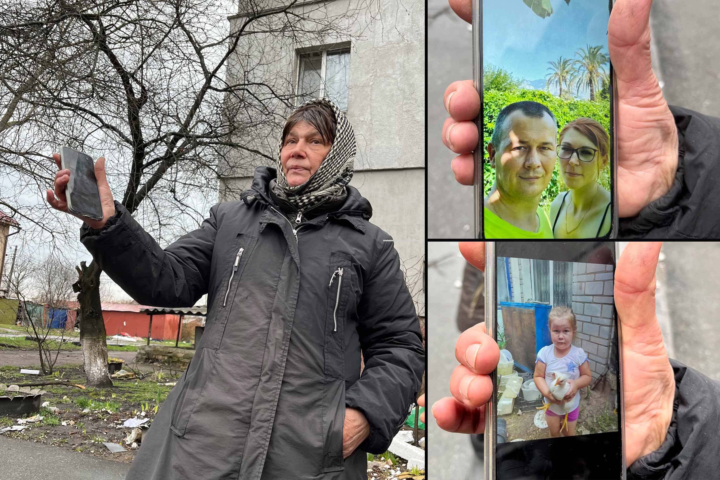 Luidmila Smishchuk stands in front the apartment building in Borodyanka where her son and family died, following a Russian bombing on March 1. © IWPR